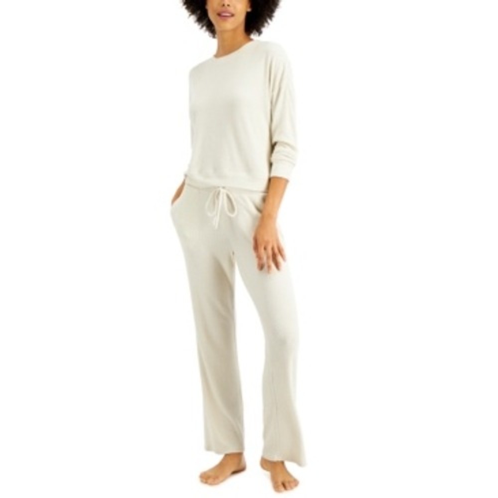 Alfani Womens Ribbed Wide Leg Pajama Set - Grain - Size L